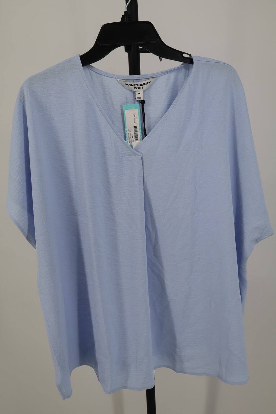NEW Montgomery Post Blouse Women's Blue V Neck Short Sleeve Size 1X